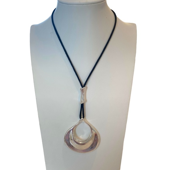 Chico's modernist sculptural silver tone pendant necklace black cord - Picture 2 of 7